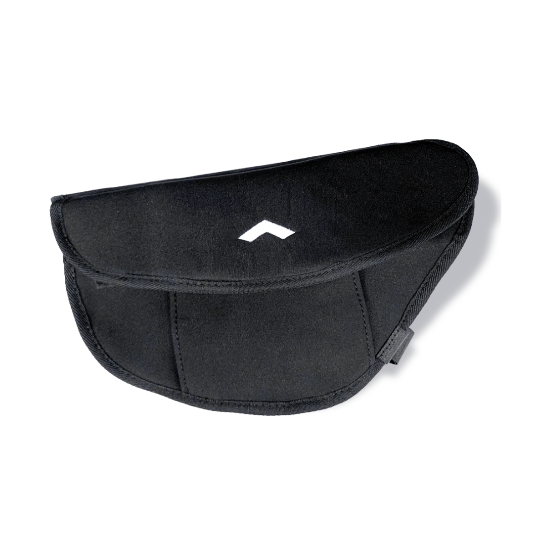 The Side Bag for WHILL C2 & F Model Power Chairs is a black, semi-circular padded pouch with stitched panels and a white geometric logo—ideal as a wheelchair armrest or side bag—shown with a side tab against a white background.